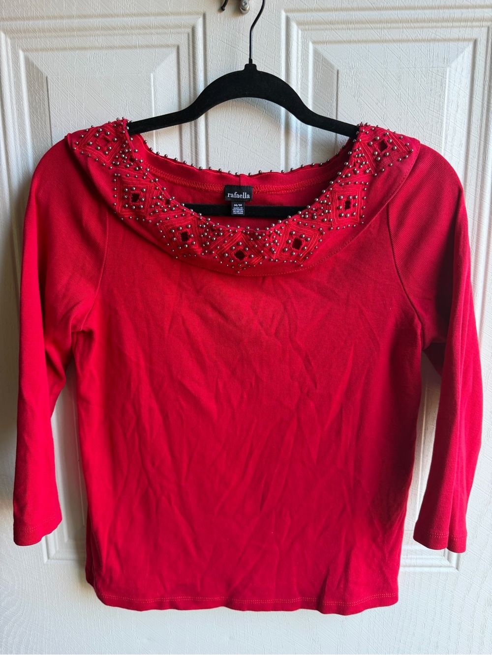 Rafaella Red Studded Embellished Top Medium Y2K 3/4 Sleeve mcBling going out top